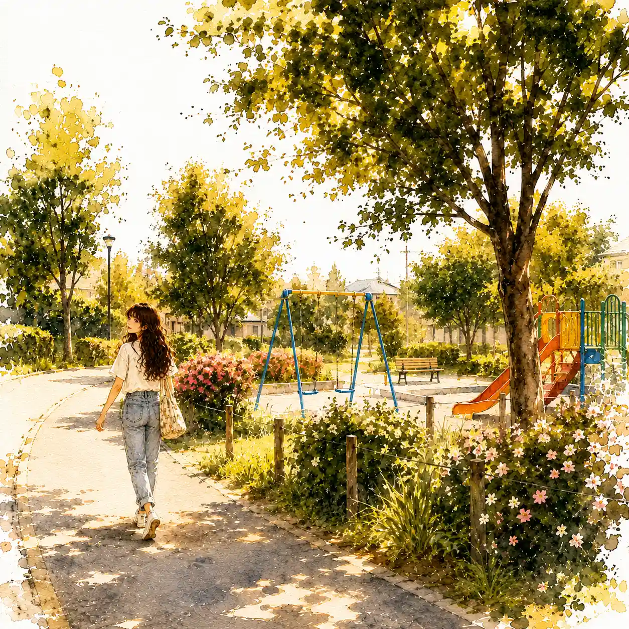 公園を横切る女子