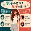 男子と女子の恋バナの違いを紹介するレトロ風インフォグラフィック。中央に赤茶色のロングヘアの女性が立ち、左右に「男子」「女子」の特徴として、男子はノリやからかいで進みやすいこと、女子は気持ちや関係性を深掘りしやすいことがイラスト付きでまとめられている。