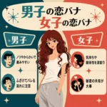 男子と女子の恋バナの違いを紹介するレトロ風インフォグラフィック。中央に赤茶色のロングヘアの女性が立ち、左右に「男子」「女子」の特徴として、男子はノリやからかいで進みやすいこと、女子は気持ちや関係性を深掘りしやすいことがイラスト付きでまとめられている。