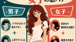 男子と女子の恋バナの違いを紹介するレトロ風インフォグラフィック。中央に赤茶色のロングヘアの女性が立ち、左右に「男子」「女子」の特徴として、男子はノリやからかいで進みやすいこと、女子は気持ちや関係性を深掘りしやすいことがイラスト付きでまとめられている。