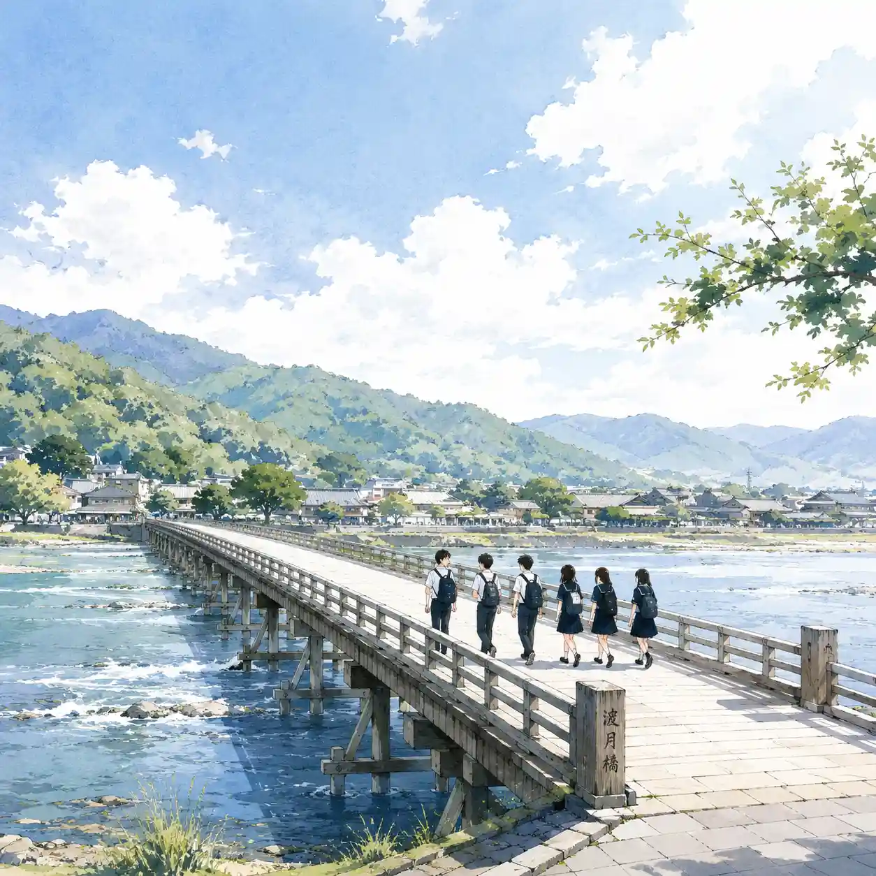 渡月橋を歩く修学旅行生