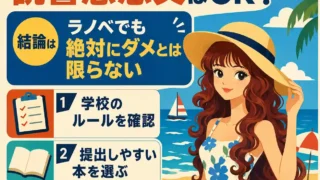 ラノベで読書感想文を書いてもよいかを説明する正方形のインフォグラフィック。海辺に立つ麦わら帽子とサマードレス姿の若い女性の横に、「結論はラノベでも絶対にダメとは限らない」と示し、学校のルール確認、提出しやすい本選び、中身を見ることを3項目で案内している。