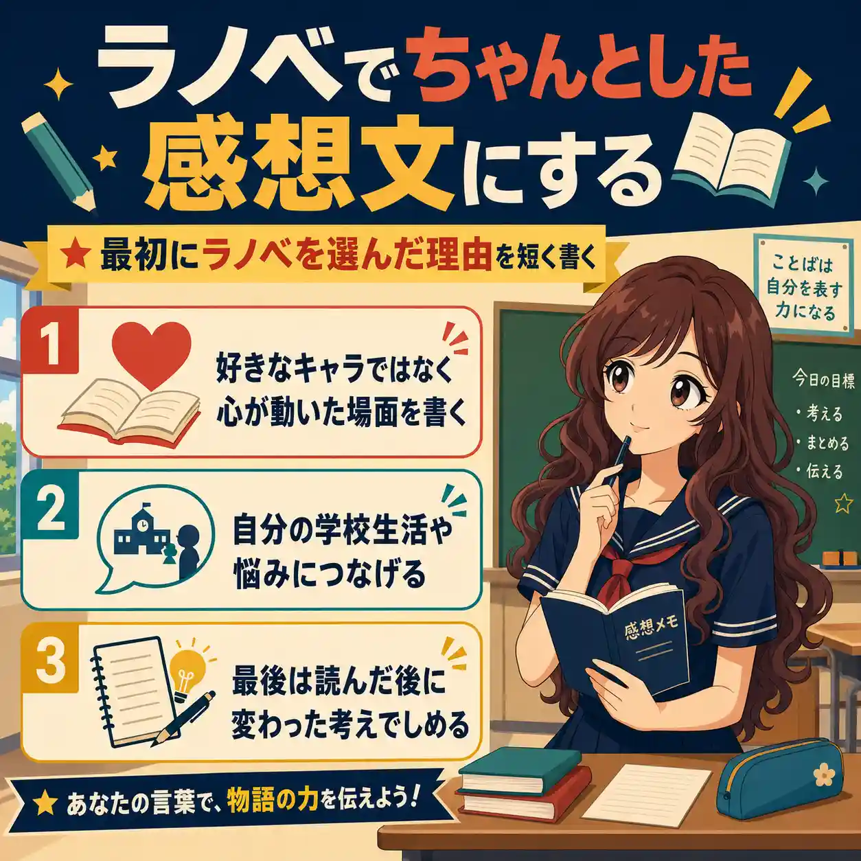教室を背景にした、ラノベで読書感想文を書くコツを説明する正方形のインフォグラフィック。濃紺の夏用セーラー服を着た若い女性が感想メモを持ち、ラノベを選んだ理由、心が動いた場面、学校生活や悩みとのつながり、読後に変わった考えを書く流れを紹介している。
