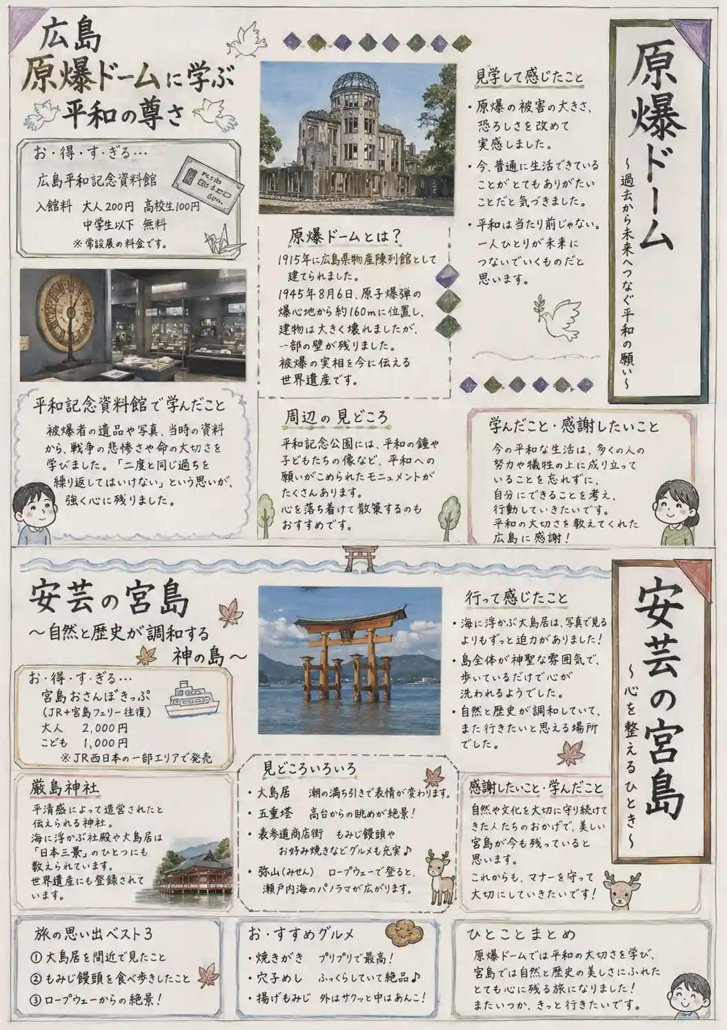広島の原爆ドームと安芸の宮島をテーマにした修学旅行新聞の作例。平和学習と観光地の見どころを上下に分けてまとめている。
