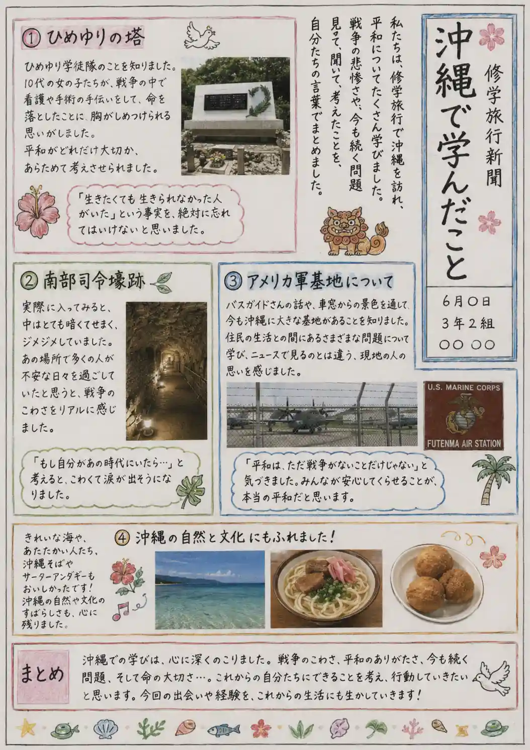 沖縄をテーマにした修学旅行新聞の作例。ひめゆりの塔、南部司令壕跡、アメリカ軍基地、自然や文化についてまとめている。