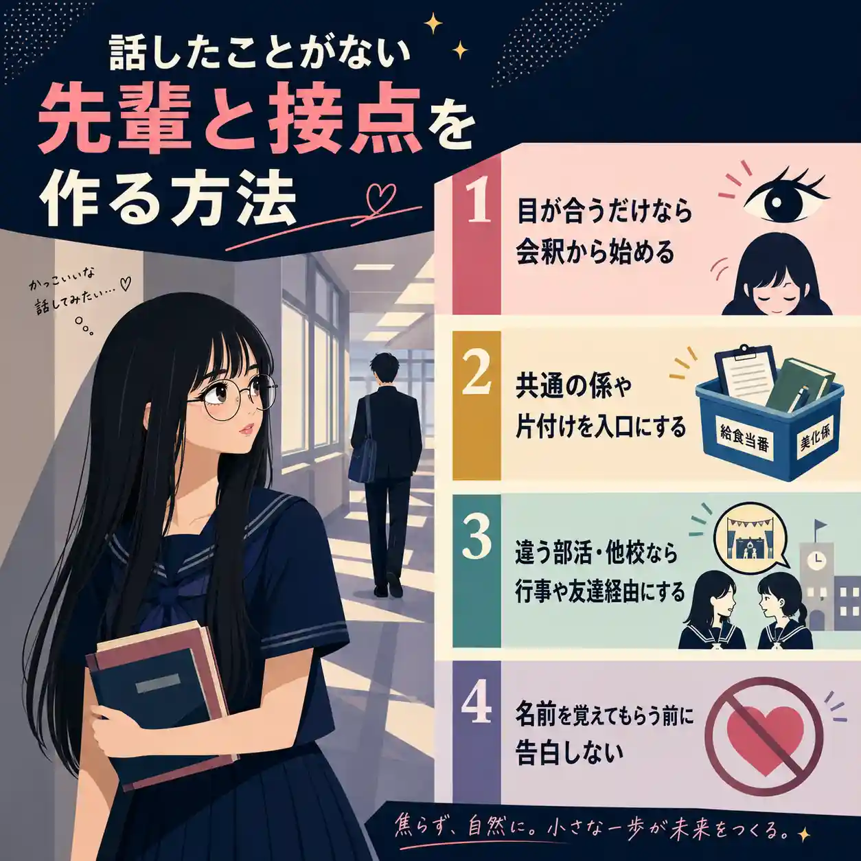 話したことがない先輩と接点を作る方法のインフォグラフィック。先輩を見つめる女子生徒のイラストと、会釈から始める、共通の係や片付けを入口にする、行事や友達経由にする、名前を覚えてもらう前に告白しない、の4ポイントを紹介。