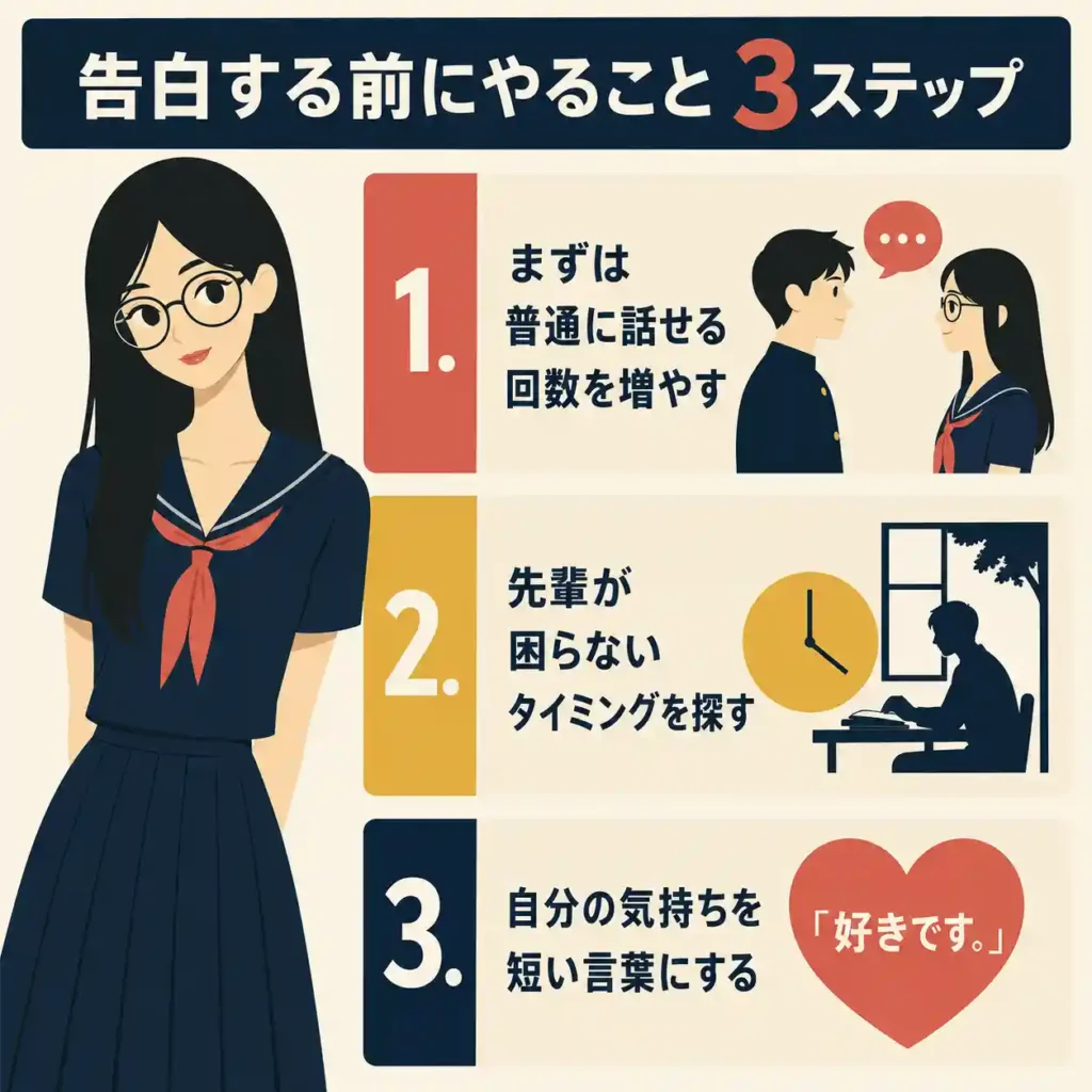 先輩に告白する３ステップのインフォグラフィック