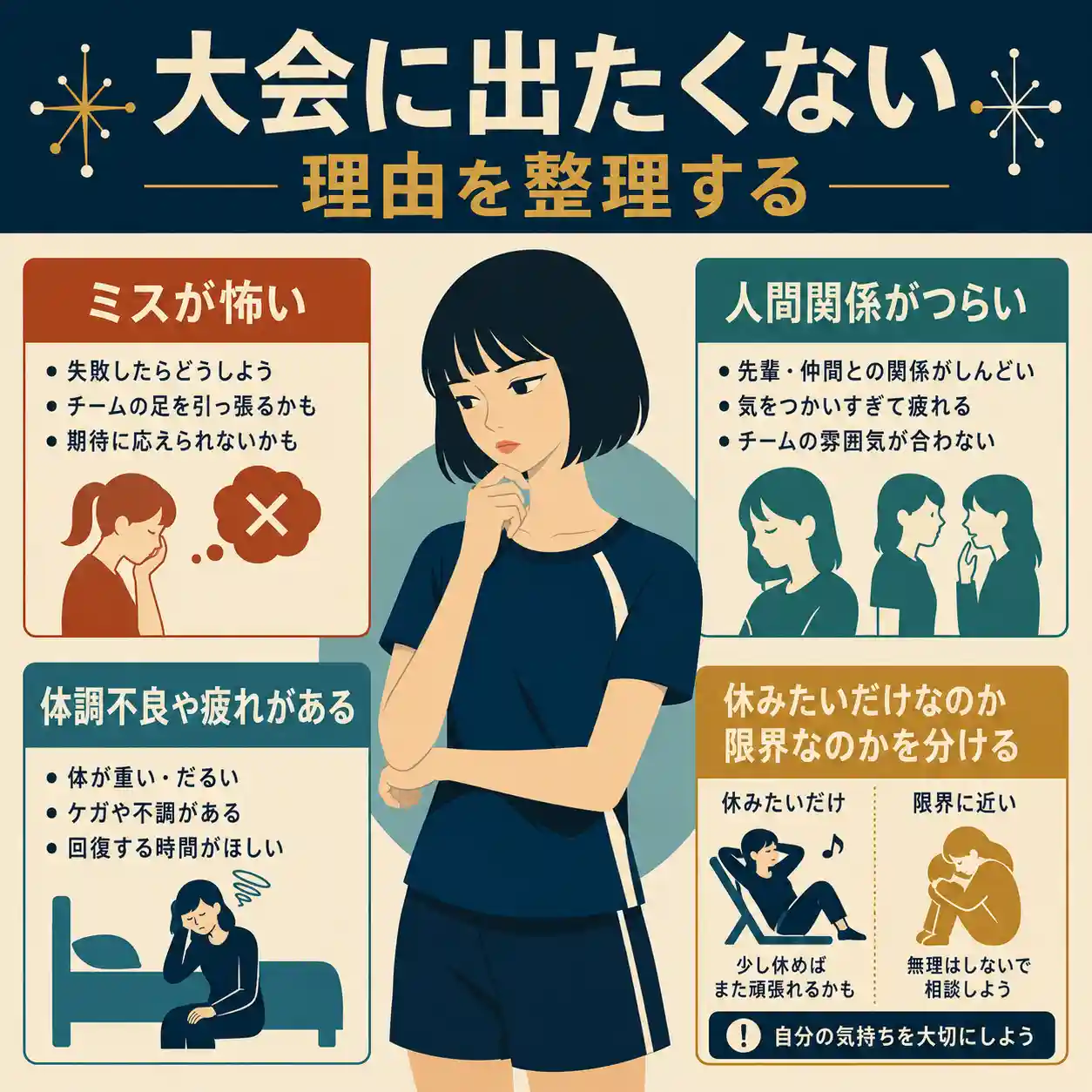 大家に出たくない理由　を中学生女子のイラストとともに示すインフォグラフィック