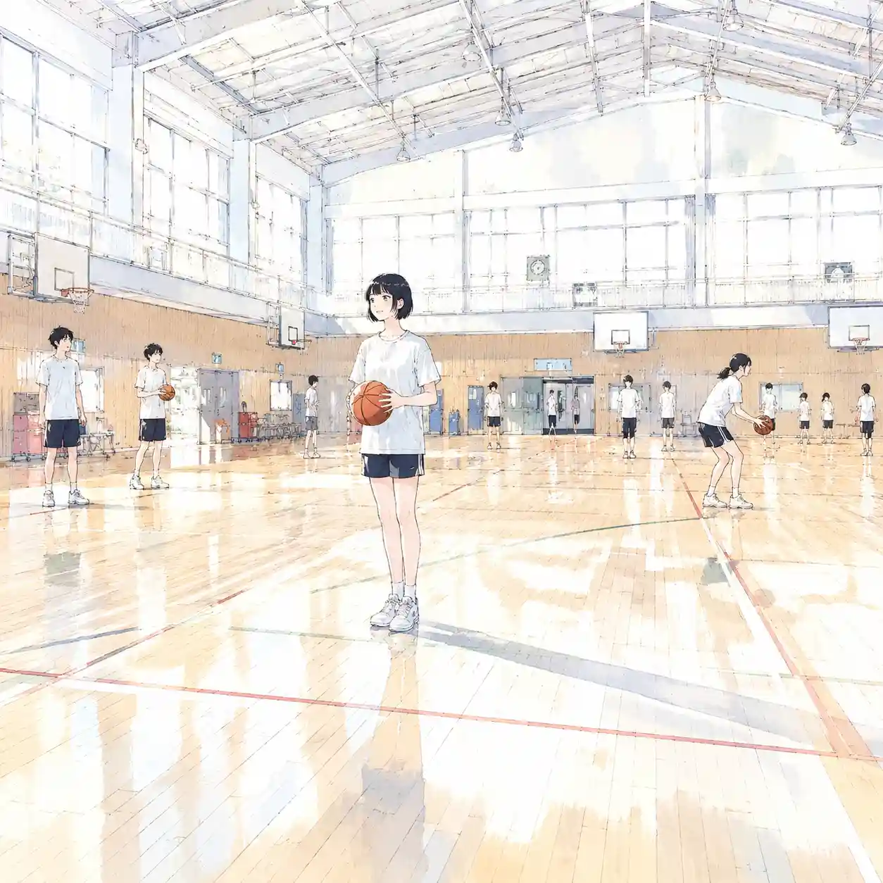 　バスケ部で練習する女子