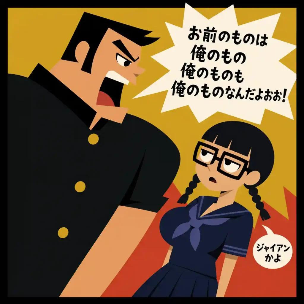 格の大きい先輩が怒鳴る中、黒髪三つ編みでメガネの女子生徒が冷めた表情で小声ツッコミを入れる、60年代風フラットデザインの対比イラスト