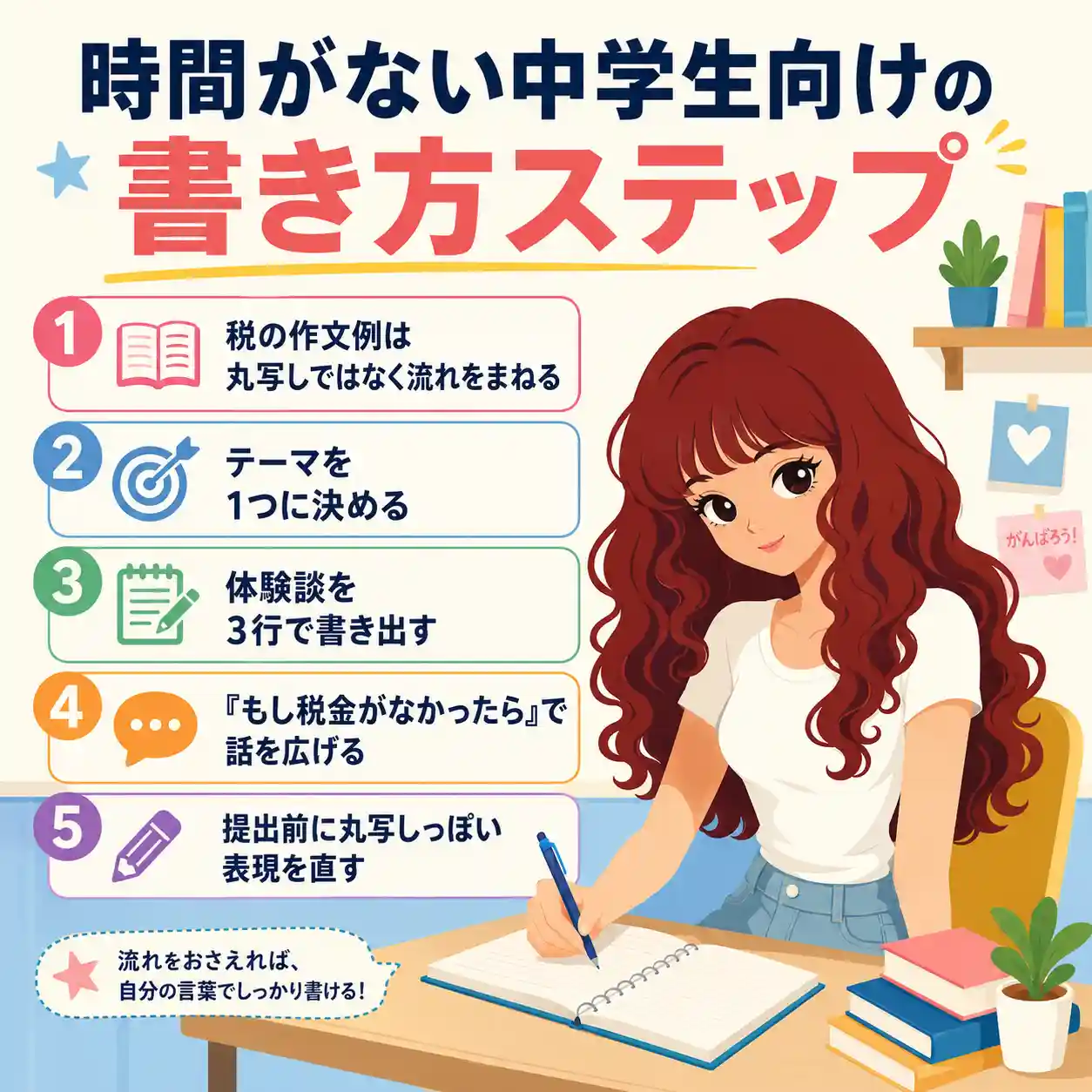 時間がない中学生向けの作文の書き方を5ステップで示すインフォグラフィック。赤茶の巻き髪の女子生徒が机で作文を書き、丸写しせず流れをまねる、テーマを1つに決める、体験談を書く、税金がなかったらで話を広げる、表現を直す流れを紹介。
