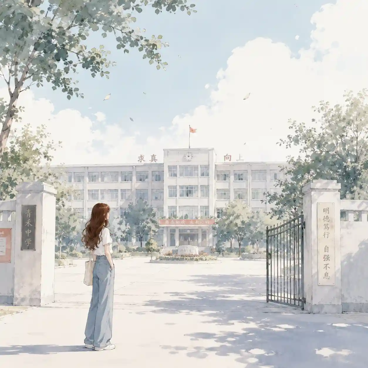 学校を観察している女子