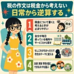 税の作文は税金そのものから考えず、学校や病院など身近な日常からテーマを探す流れをまとめた、女の子キャラクター付きの正方形インフォグラフィック。