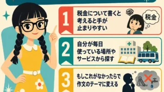 税の作文は税金そのものから考えず、学校や病院など身近な日常からテーマを探す流れをまとめた、女の子キャラクター付きの正方形インフォグラフィック。