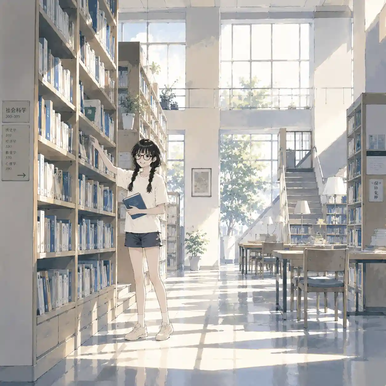 図書館で調べ物の女子