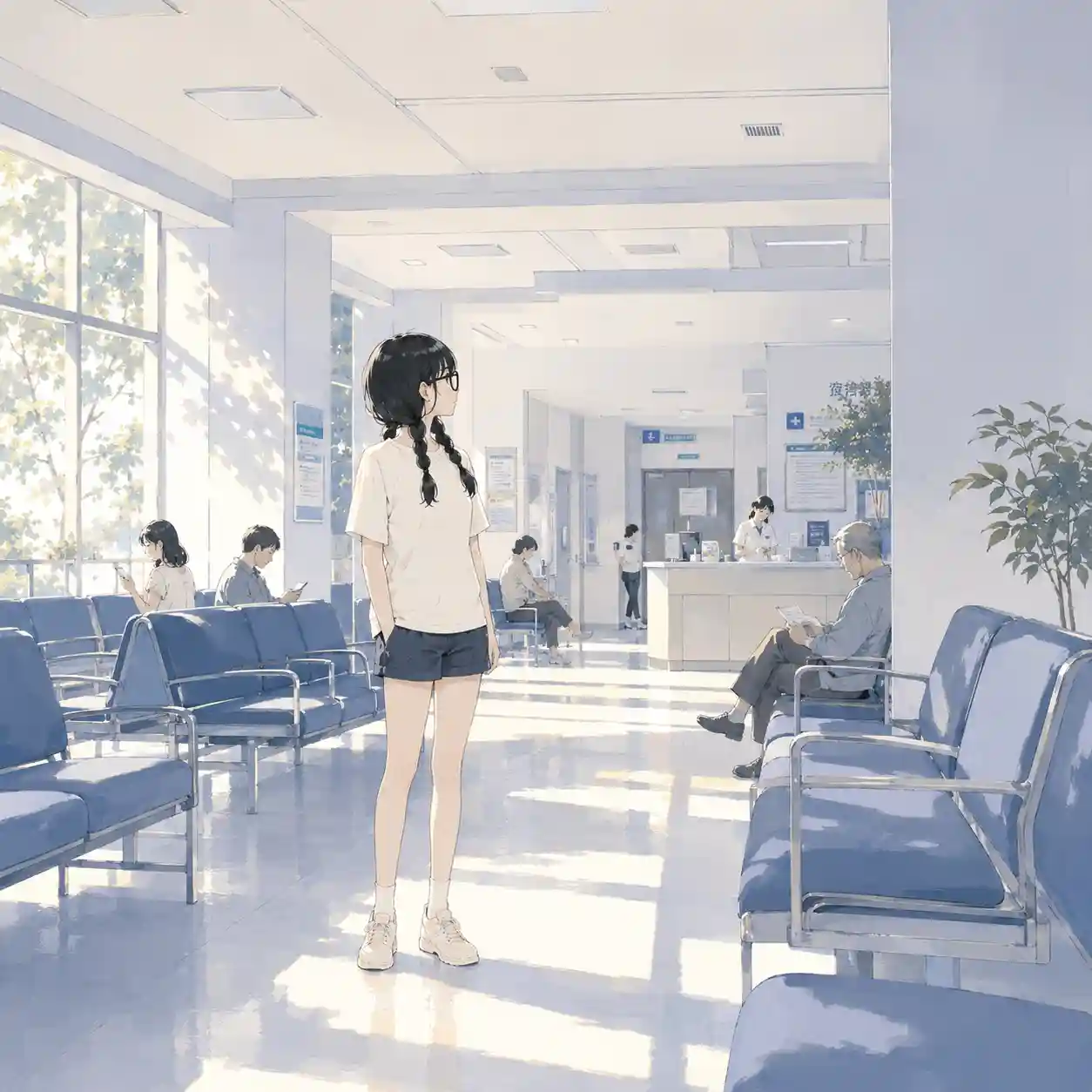 病院で観察している女子