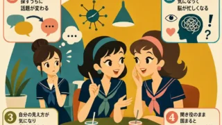 3人以上の会話に入れなくなる理由を説明するレトロ調の正方形インフォグラフィック。濃紺の夏用セーラー服を着たお団子ヘアの女性が、友達2人の会話に入れず戸惑っている。周囲には「話すタイミングを探すうちに話題が変わる」「反応を気にして脳が忙しくなる」「自分の見え方が気になり会話を聞き逃す」「聞き役のまま固まると入りにくくなる」という4つの理由が、吹き出しやアイコンで示されている。