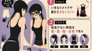洗面台の鏡を見る三つ編みの女性と、髪・肌・服・姿勢の見直しから垢抜ける順番を示すインフォグラフィック