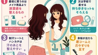 洗面台の鏡を見る女子中学生と、清潔感・持ち歩きセット・汗対策・眉と爪のケアを買う順番で示した垢抜けグッズのインフォグラフィック