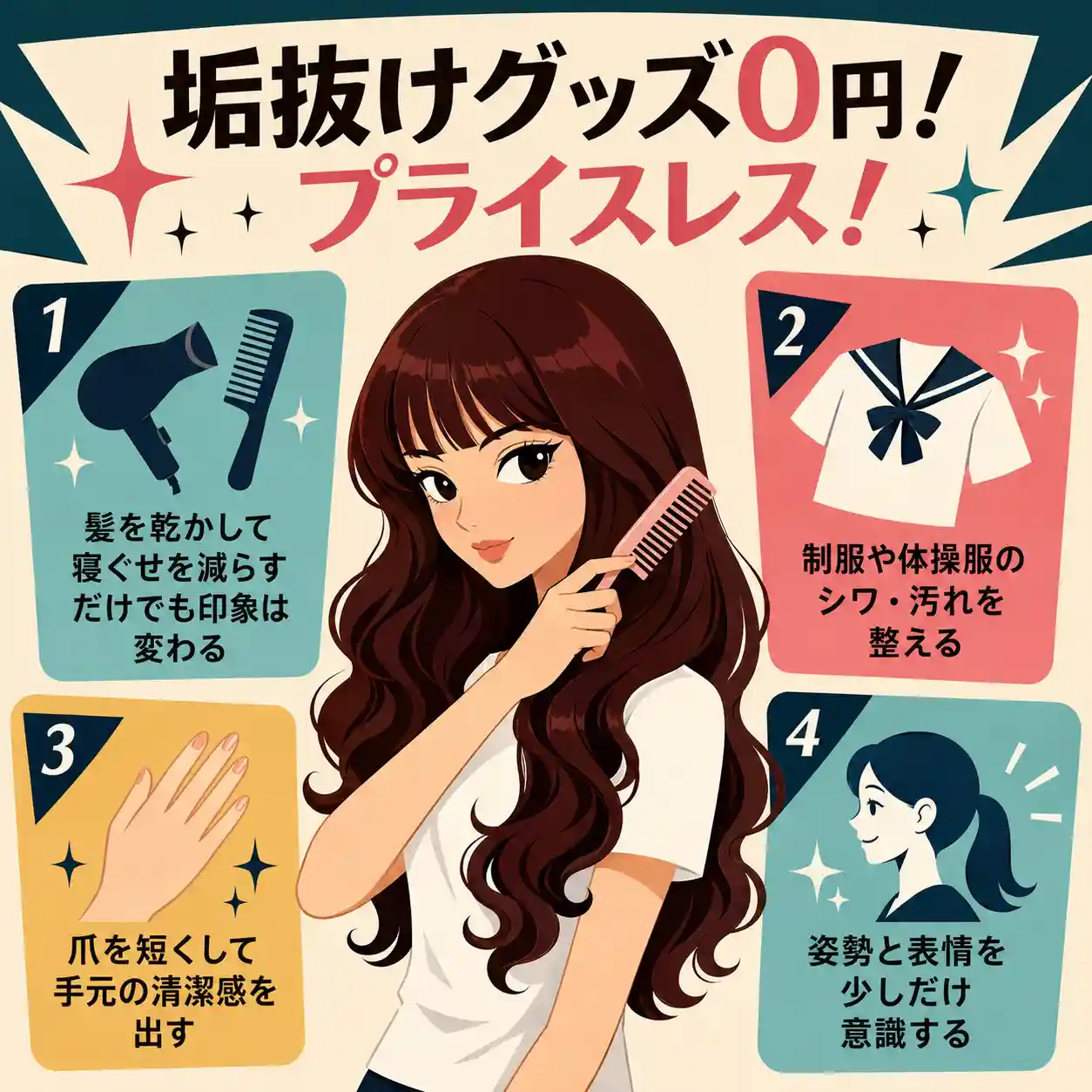 垢抜けグッズ0円をテーマに、髪をとかす女子と寝ぐせ・制服のシワ・爪・姿勢の4つの整え方を示したレトロ調インフォグラフィック。