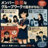 メンバー最悪なグループワークで起きがちなことを4例で示したインフォグラフィック。何もしない人、仕切りすぎ、ふざける人、発表前だけ参加する人を紹介。