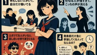 メンバー最悪なグループワークで起きがちなことを4例で示したインフォグラフィック。何もしない人、仕切りすぎ、ふざける人、発表前だけ参加する人を紹介。
