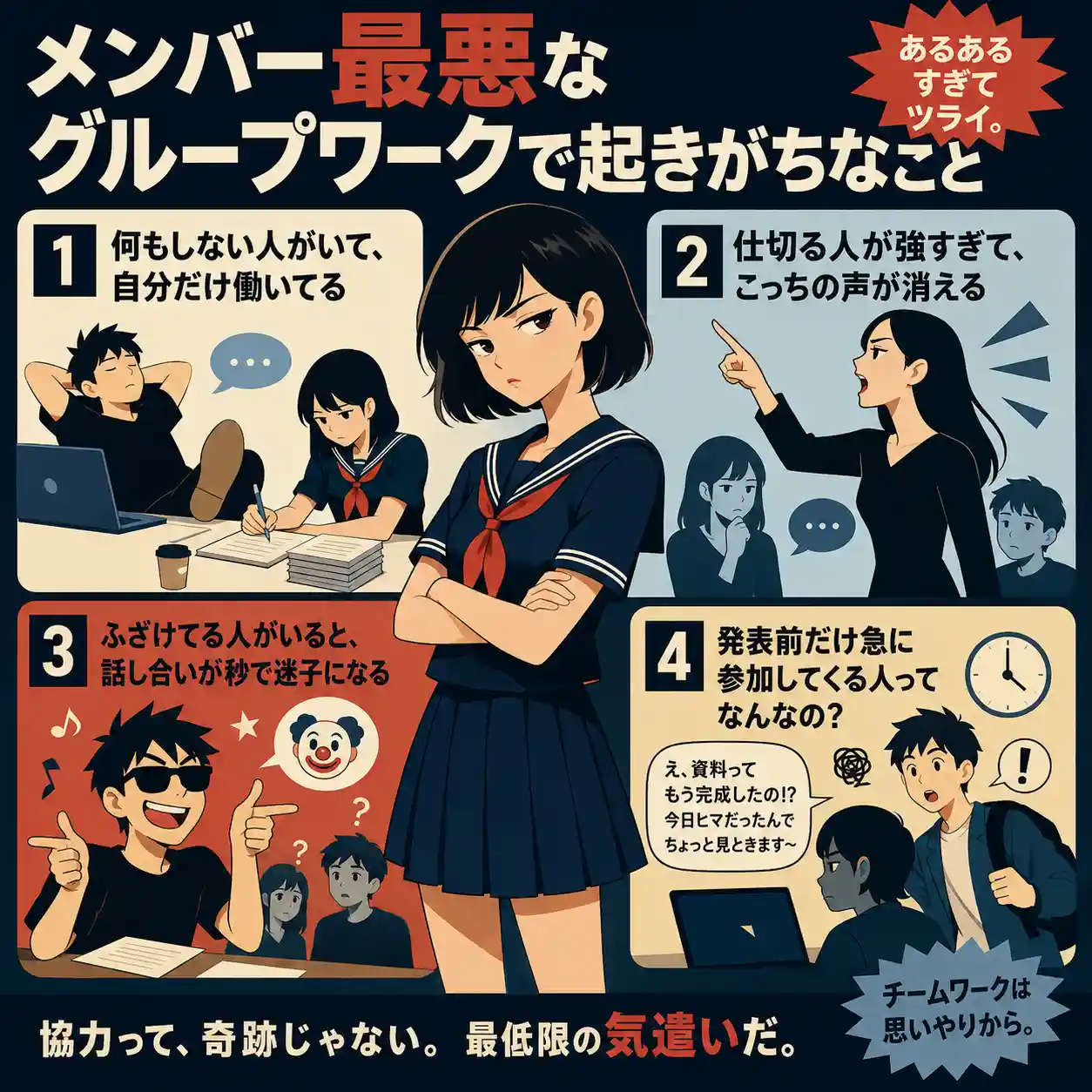 メンバー最悪なグループワークで起きがちなことを4例で示したインフォグラフィック。何もしない人、仕切りすぎ、ふざける人、発表前だけ参加する人を紹介。
