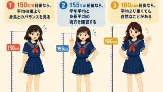 身長別に見る中学生女子の体重の考え方を、150cm・155cm・160cmの女子と吹き出しで説明したインフォグラフィック。