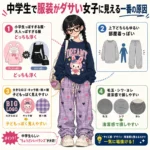 中学生女子の服装がダサく見える原因を、サイズ感・柄・清潔感の4点で解説したファッション改善インフォグラフィック。