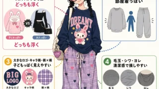 中学生女子の服装がダサく見える原因を、サイズ感・柄・清潔感の4点で解説したファッション改善インフォグラフィック。