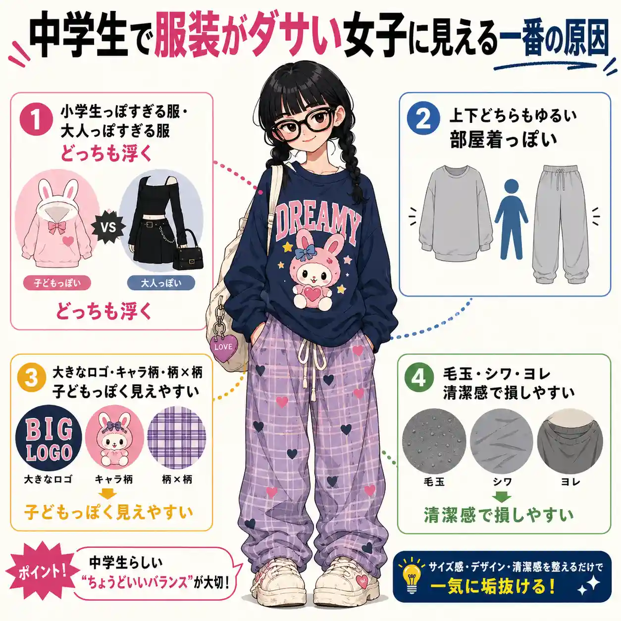 中学生女子の服装がダサく見える原因を、サイズ感・柄・清潔感の4点で解説したファッション改善インフォグラフィック。