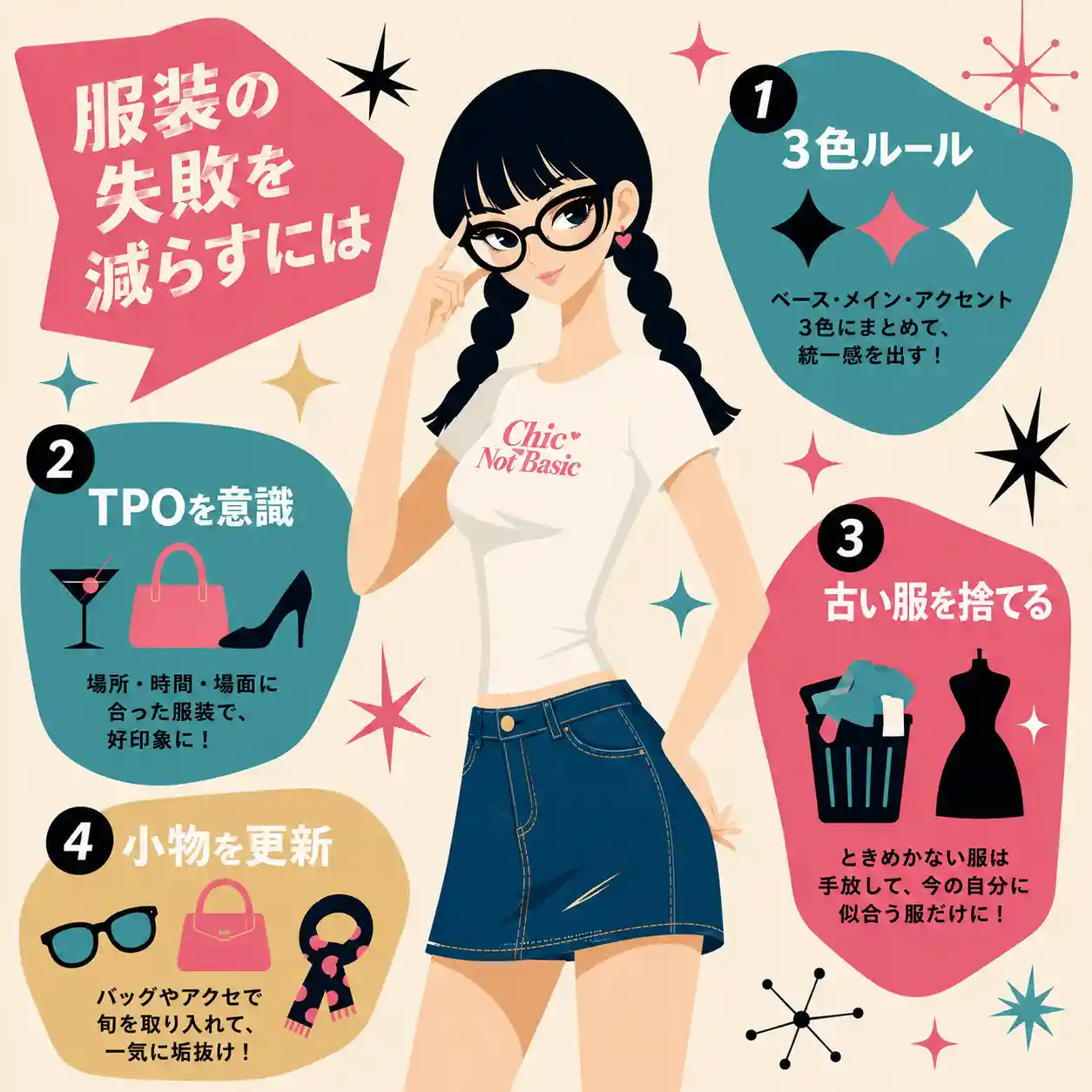 服装の失敗を減らすための3色ルール、TPO、古い服の整理、小物更新をまとめた女性キャラクターのインフォグラフィック