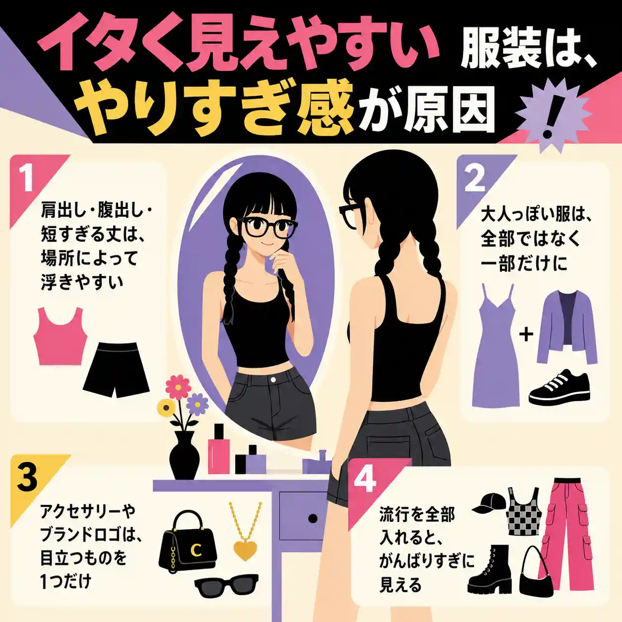 黒のタンクトップと短パン姿の中学生の女の子が鏡をのぞきながら、イタく見えやすい服装の原因を4つのポイントで説明しているインフォグラフィック