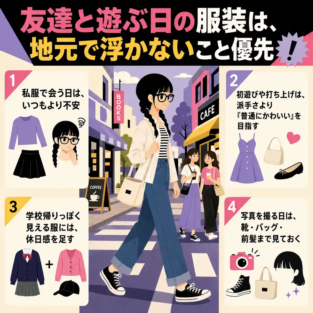 友達と遊ぶ日の服装のコツを、街を歩く三つ編みの女の子と4つのポイントで紹介するインフォグラフィック