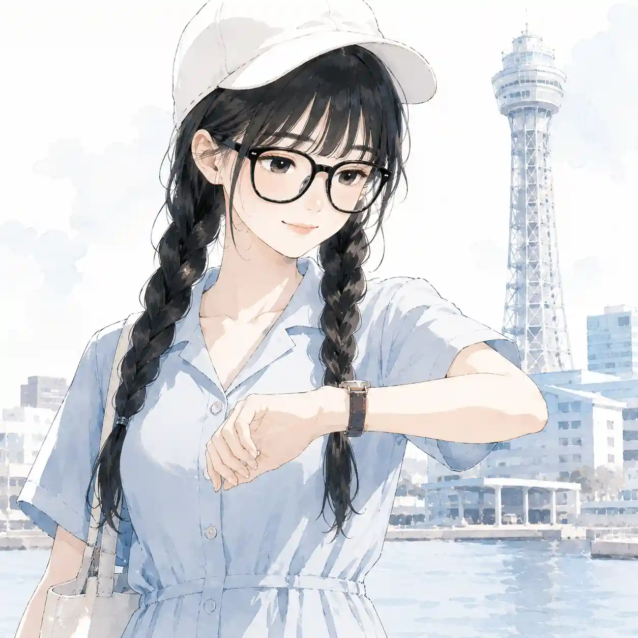 マリンタワーの前 腕時計を確認している女子