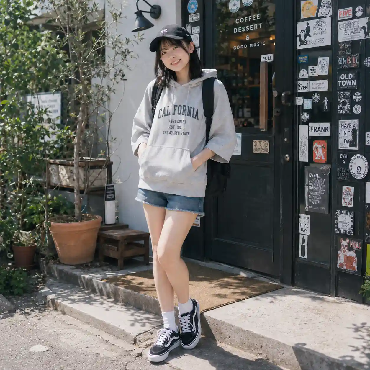 グレーのパーカー＋デニムショートパンツ＋黒キャップ＋黒リュック＋スニーカー