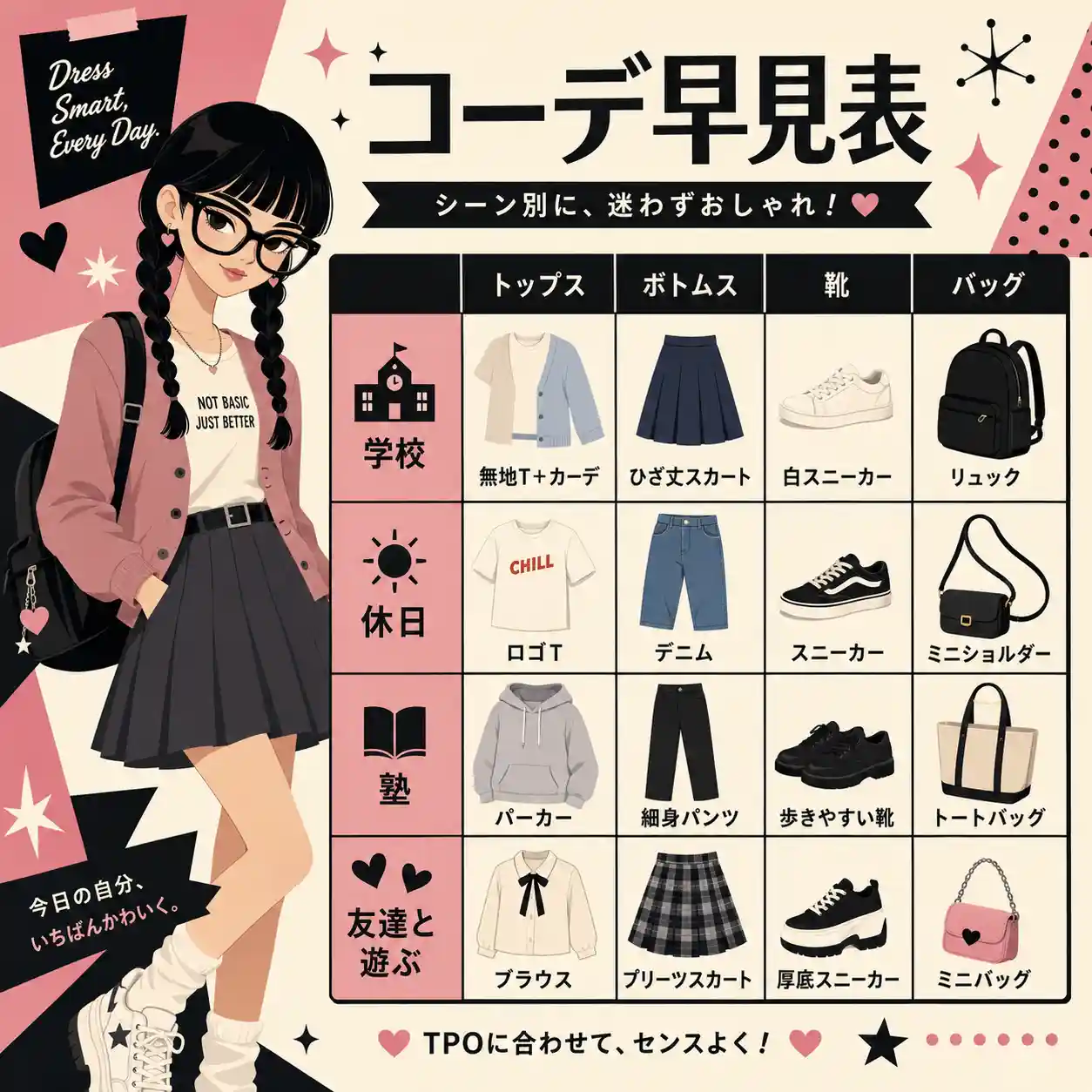 中学生向けの場面別コーデ早見表。学校・休日・塾・友達と遊ぶ場面ごとに、トップス、ボトムス、靴、バッグの選び方をイラストで紹介している。