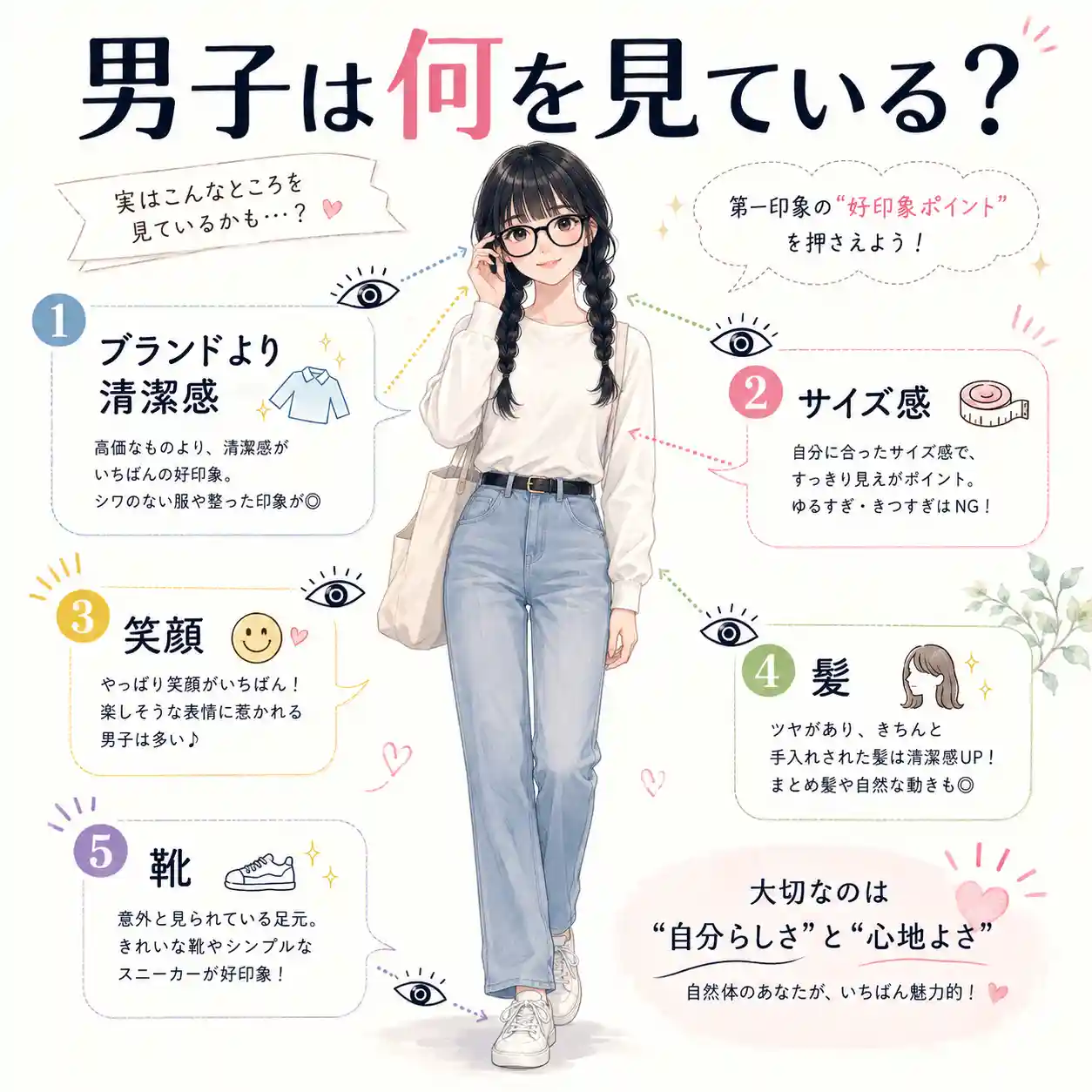 『男子は何を見ている?』というインフォグラフィック。中央に黒髪の三つ編みと太縁メガネの若い女性が立ち、周囲に『ブランドより清潔感』『サイズ感』『笑顔』『髪』『靴』の5項目が、目のアイコン付きでわかりやすく配置されている。