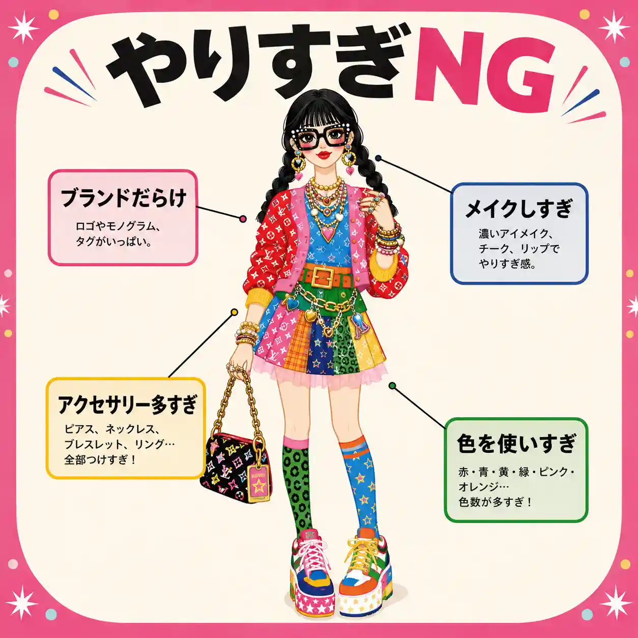 派手な服装の女性を中心に、「ブランドだらけ」「メイクしすぎ」「アクセサリー多すぎ」「色を使いすぎ」のNGポイントを示したインフォグラフィック。
