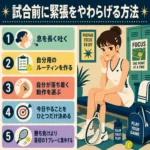 試合前に緊張するテニス選手と、息を長く吐く・ルーティンを作るなど緊張をやわらげる5つの方法をまとめたインフォグラフィック。