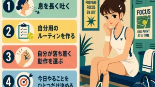 試合前に緊張するテニス選手と、息を長く吐く・ルーティンを作るなど緊張をやわらげる5つの方法をまとめたインフォグラフィック。