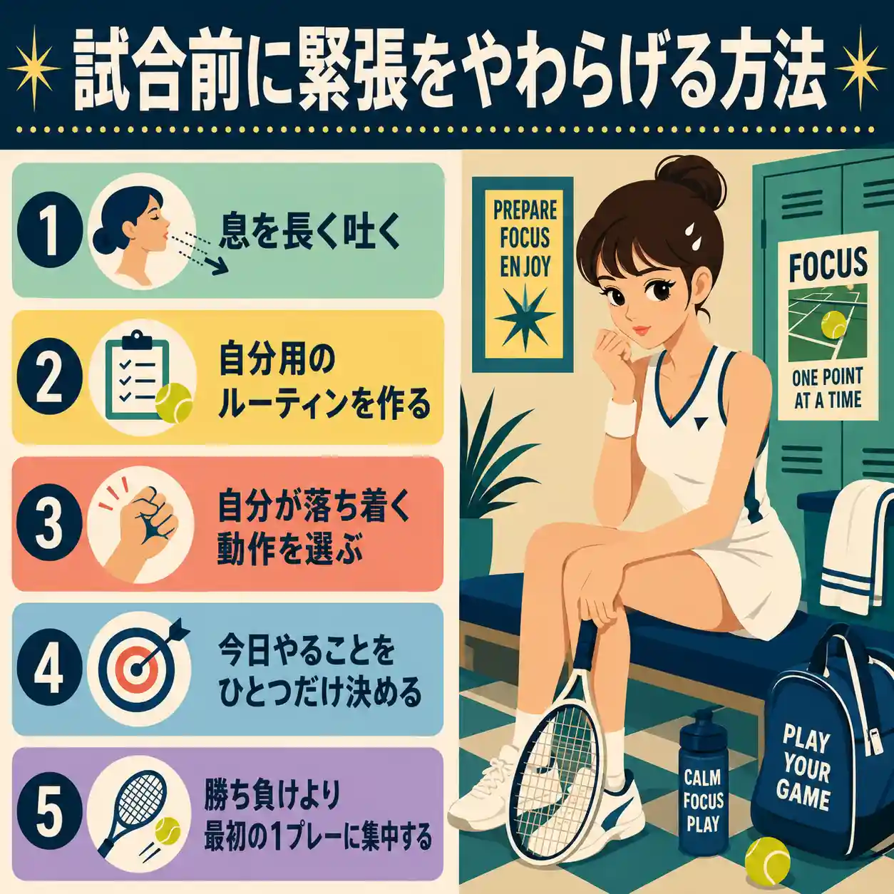 試合前に緊張するテニス選手と、息を長く吐く・ルーティンを作るなど緊張をやわらげる5つの方法をまとめたインフォグラフィック。