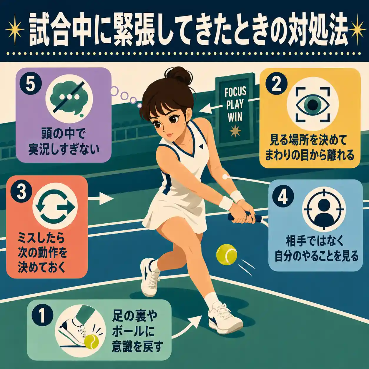試合中に緊張したとき、足元や見る場所に意識を戻す方法を、テニス選手のプレー姿と5つの対処法で示したインフォグラフィック。