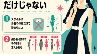 スタイル良くなる方法は体重を減らすことだけじゃないと伝える、三つ編みメガネの女性と姿勢・服・立ち方の3つのポイントを示したインフォグラフィック
