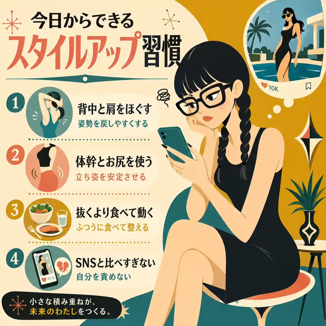 三つ編みの女性がSNSのモデル投稿を見て落ち込みながら、姿勢・体幹・食事・比較しすぎない習慣を示すスタイルアップのインフォグラフィック。 