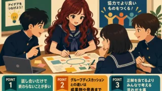 グループワークを説明するインフォグラフィック。4人の生徒が机を囲んで協力し、下部に「話し合いで終わらない」「成果物や発表まである」「みんなで考える流れが大事」の3ポイントを示している。