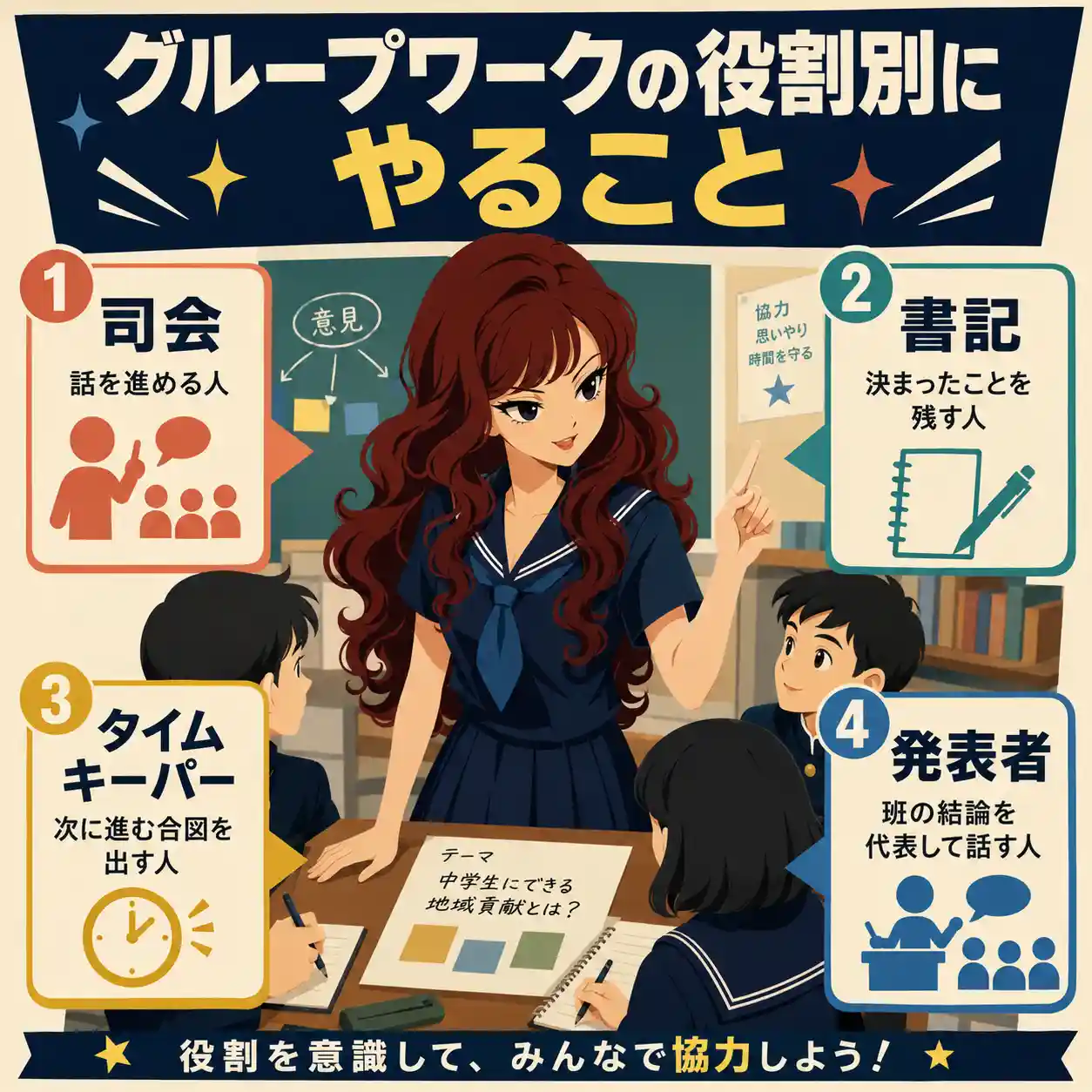 グループワークの役割別にやることをまとめたインフォグラフィック。濃紺のセーラー服の女子生徒が班をリードし、司会・書記・タイムキーパー・発表者の役割を4つの枠で紹介している。