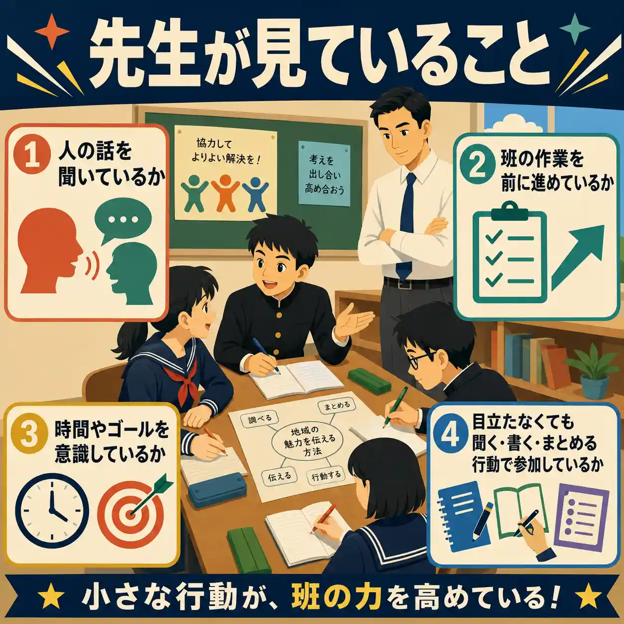 先生が見ていることをまとめたインフォグラフィック。40代の男性教諭がグループ活動を見守り、人の話を聞く、班の作業を進める、時間やゴールを意識する、聞く・書く・まとめる行動で参加する大切さを4つの枠で示している。