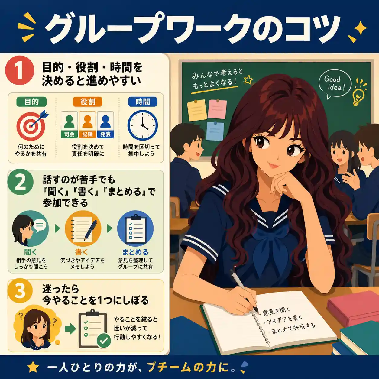 グループワークのコツを3つに分けて紹介するインフォグラフィック。教室で女子生徒がメモを取り、目的・役割・時間の決め方や参加方法を示している。