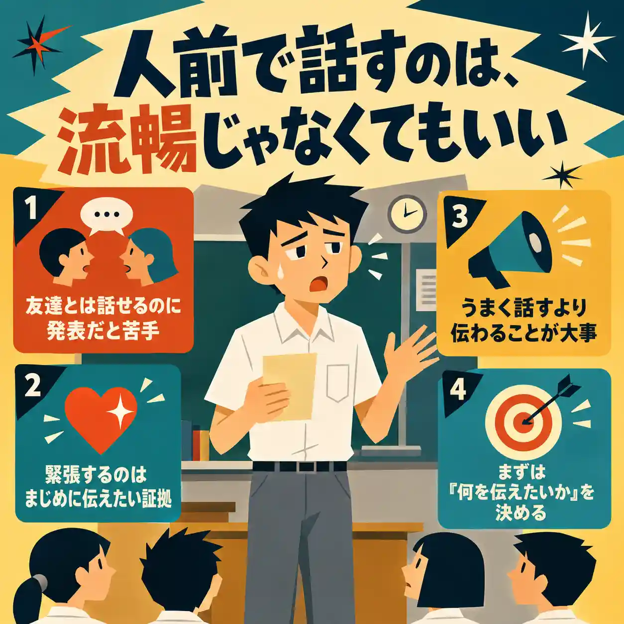人前で話すのは流暢じゃなくてもいいと伝える、中学生の発表をテーマにしたレトロ調インフォグラフィック。